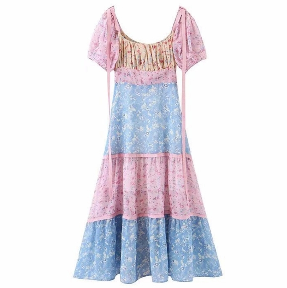 Floral Chiffon Multi-Color Square Neck Puff Sleeve Maxi Dress - Picture 12 of 16